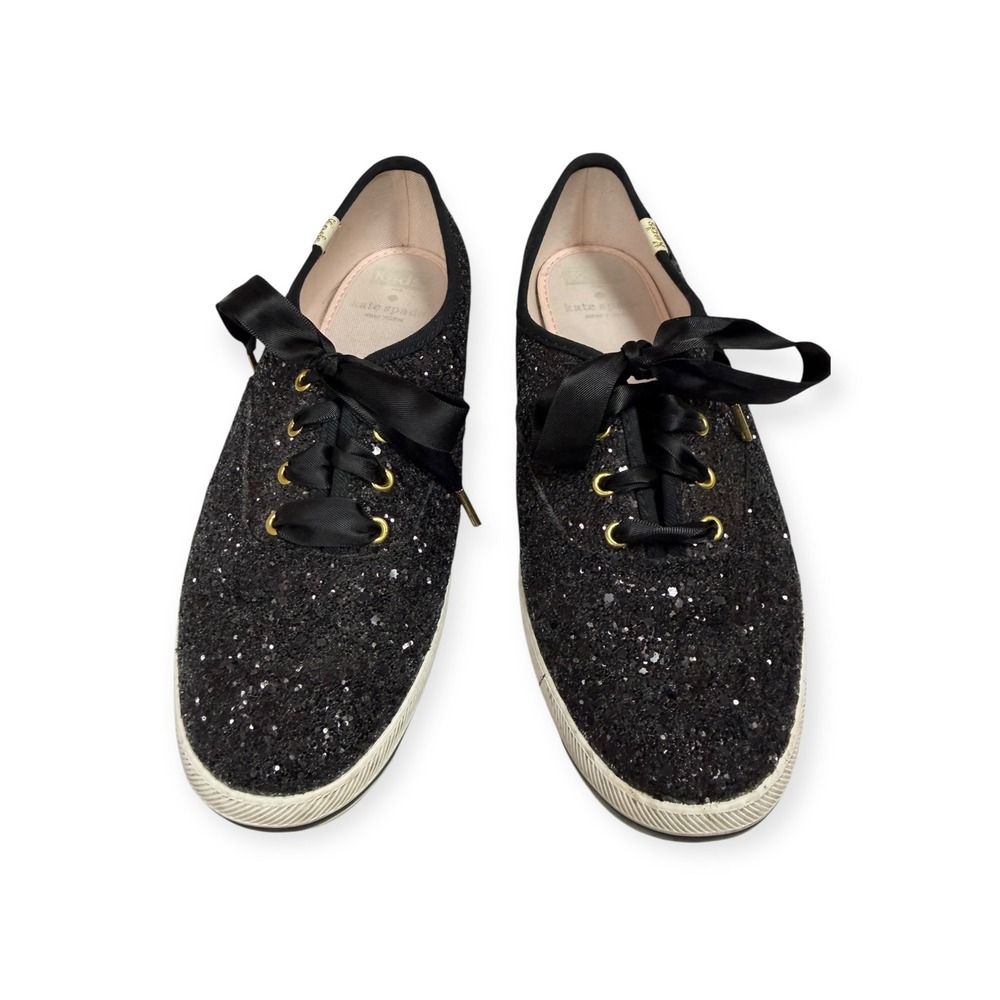 Keds x Kate Spade Black Glitter Champion Sneakers Satin‎ Laces Gold Trim 6.5